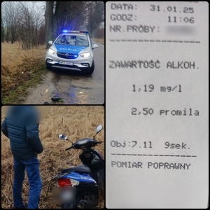Kompilacja zdjęć - wydruk z badania stanu trzeźwości, policyjny radiowóz i mężczyzna stojący przy motorowerze.