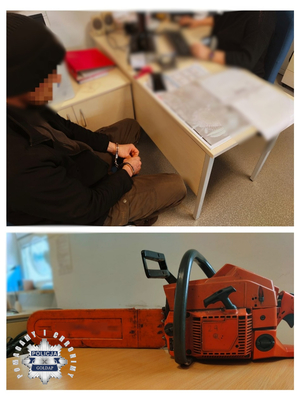 Zatrzymany mężczyzna przy biurku, na drugim obrazku piła spalinowa.