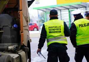 Funkcjonariusze podczas kontroli pojazdu ciężarowego