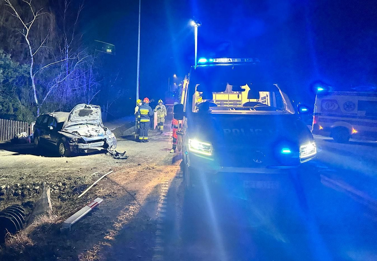 Miejsce zdarzenia drogowego. Uszkodzone auto i służby pracujące na miejscu.