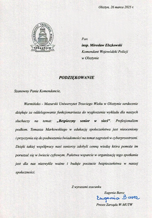 Podziękowania z uniwersytetu trzeciego wieku