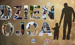 Dzień Ojca, pod spodem gwiazda policyjna i napis: Pomagamy i chronimy oraz logo ruchu drogowego.
