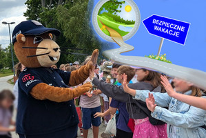 Sierżant bóbr z dziećmi i logo akcji Bezpieczne wakacje