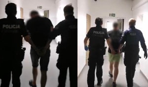 Prowadzenie zatrzymanych mężczyzn przez policjantów