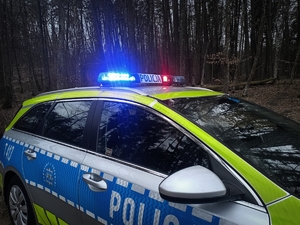 Policyjny radiowóz w lesie