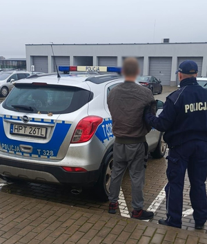 Policjant i zatrzymany mężczyzna przy radiowozie