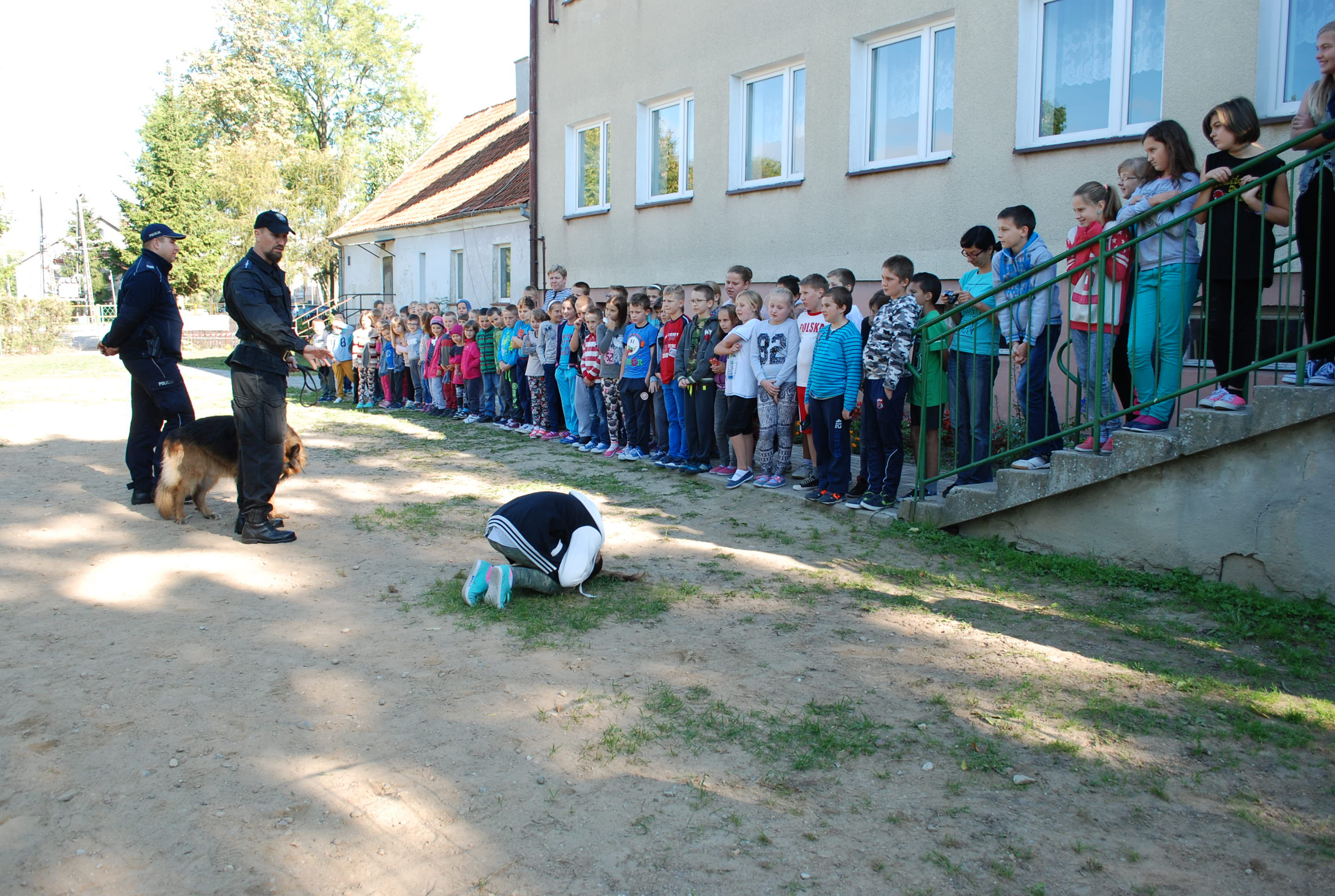 Przewodnik psa podczas spotkabia z uczniami w Budrach