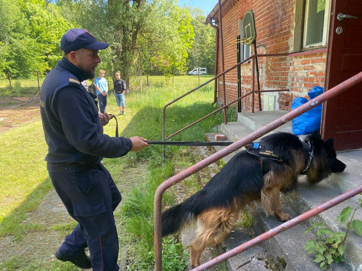 Strażnik Ochrony Kolei z psem służbowym podczas szkolenia